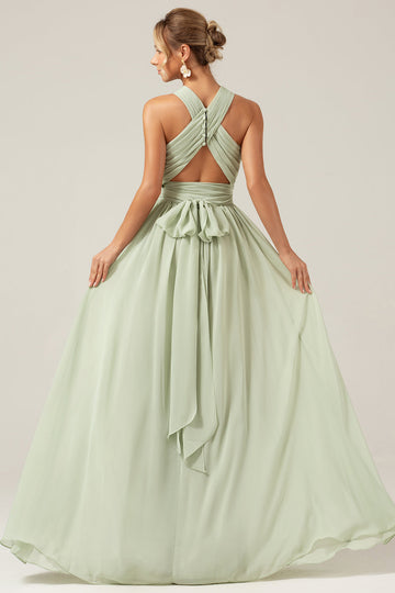 Dusty Sage Boho Chiffon Long brudepike kjole med knapp tilbake